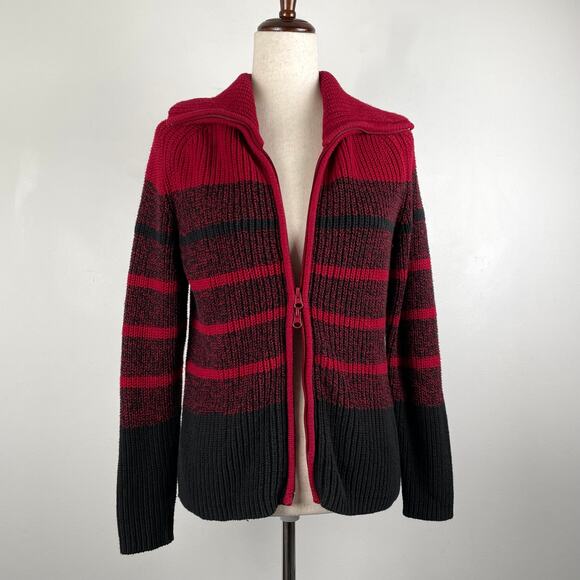 90s Vintage Carolyn Taylor Chunky Full Zip Cardigan Sweater Striped Red Black S - Picture 4 of 16